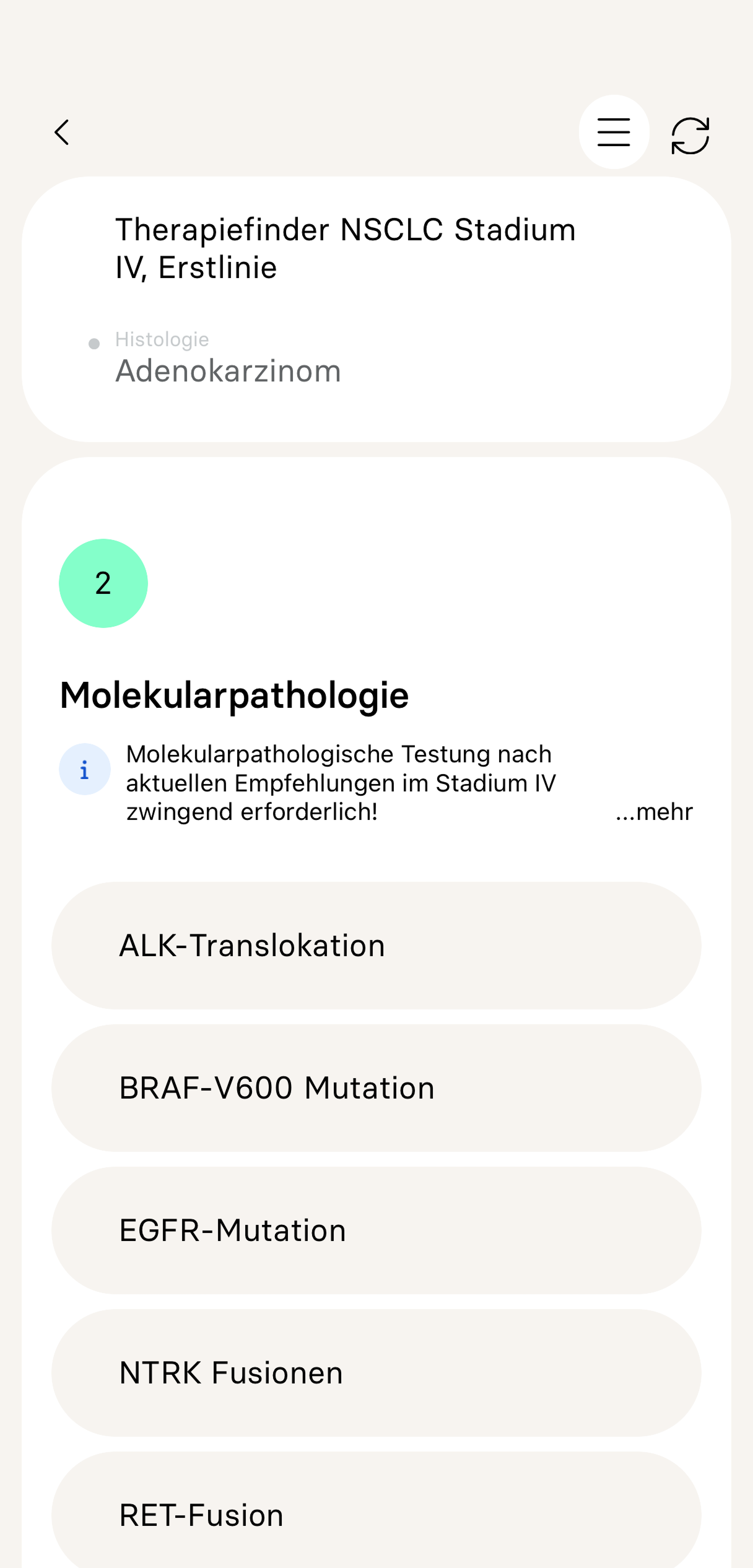 EasyOncology Screenshot Therapiefinder NSCLC-Adenokarzinom molekularpathologische Testung