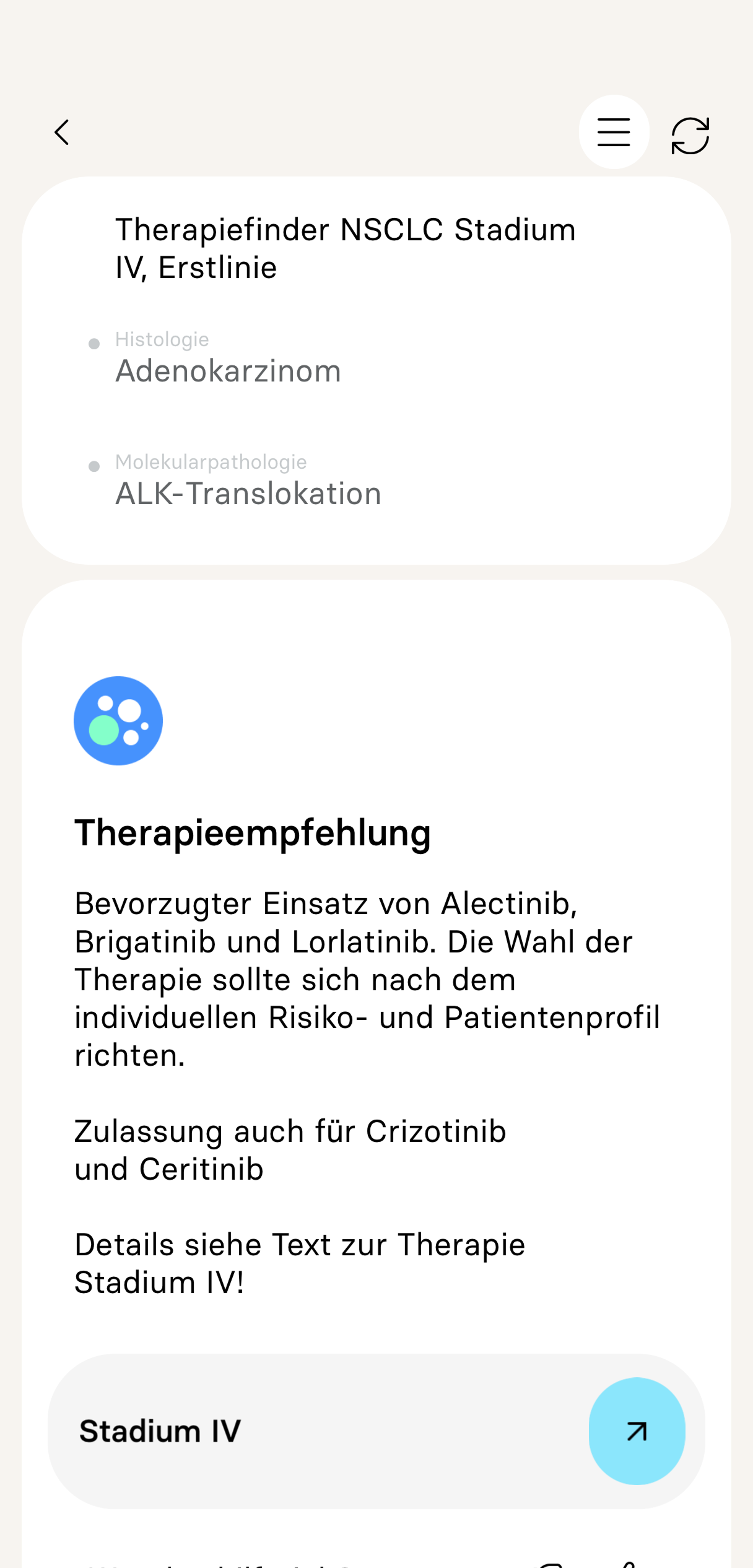 EasyOncology Screenshot Therapieempfehlung nach drei Klicks