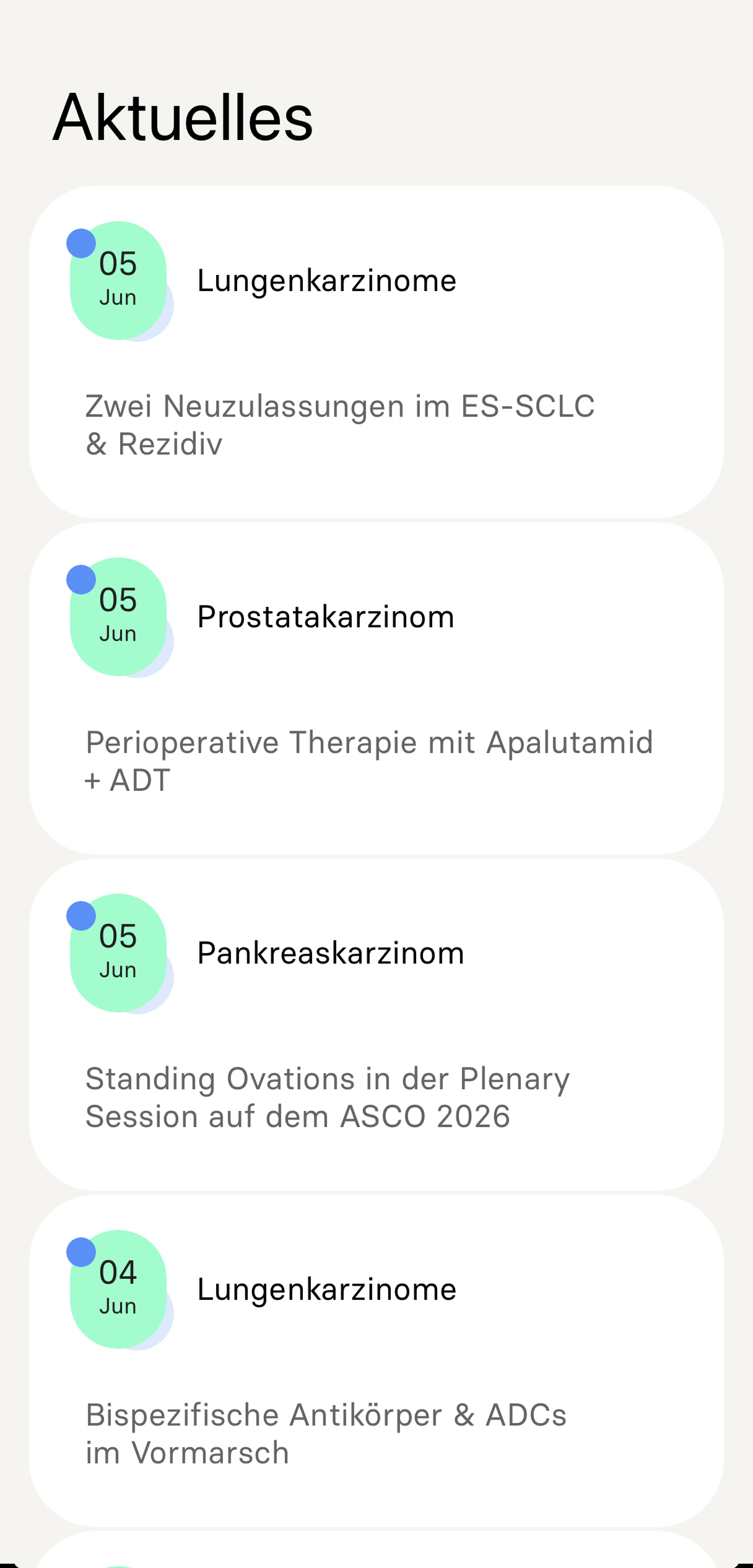 EasyOncology Screenshot Aktuelles Bereich