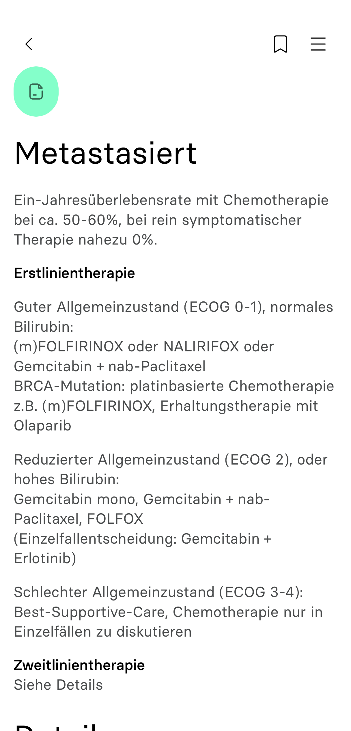 EasyOncology Screenshot Therapietext Metastasiertes Pankreaskarzinom