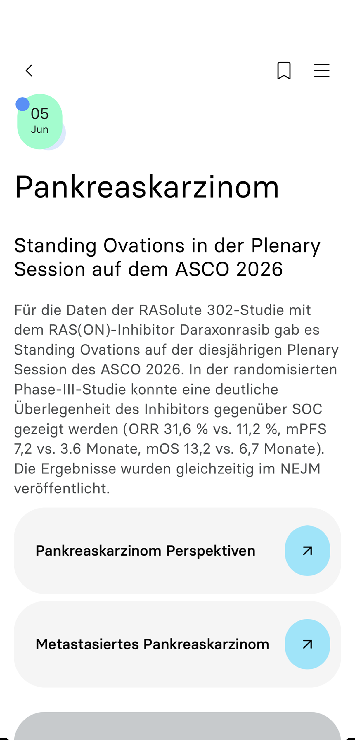 EasyOncology Screenshot zu ASCO-Daten beim metastasierten Pankreaskarzinom
